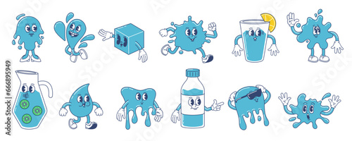 Cartoon water mascot. Fresh drink in bottle, pitcher and glass. Water splashes and drips characters. Funny liquid vector illustration set