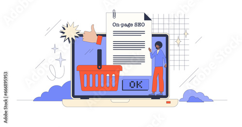 E-commerce SEO guide for effective website keywords retro tiny person concept, transparent background. Search engine optimization learning course with internet marketing and advertising.