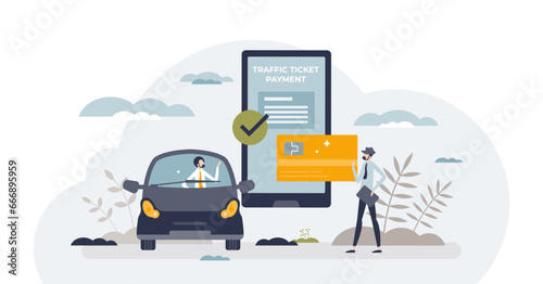 Pay traffic ticket online with bank transaction or credit card tiny person concept, transparent background. Payment for vehicle driving toll roads infrastructure illustration.