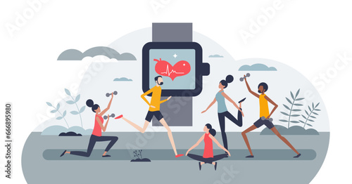 Smart watches and wrist watch for sport activity tracking tiny person concept, transparent background. Wearable technology for oxygen level measurement and heart rate control in gym illustration.