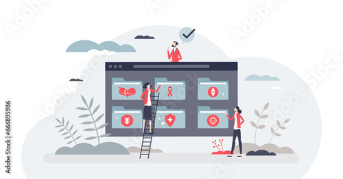 Electronic health records or EHR and hospital database tiny person concept, transparent background. Digital storage for diagnosis, treatment and patient prescriptions information illustration.
