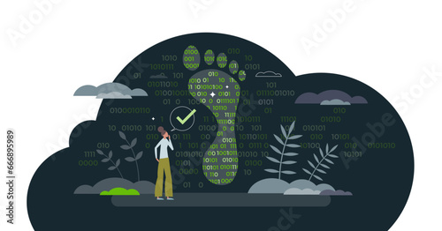 Digital footprint and track user activity on internet tiny person concept, transparent background. Cyberspace tracking and browser history surveillance from cookies illustration.