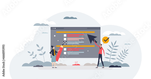 Online ADHD test to examine attention deficit syndrome tiny person concept, transparent background. Digital hyperactivity disease diagnostics in web browser with fast answer.