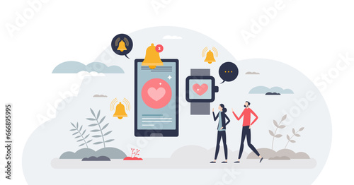 mHealth as mobile health care app for disease warning tiny person concept, transparent background. Daily body stats and heart rate monitoring for effective wellness checkup illustration.