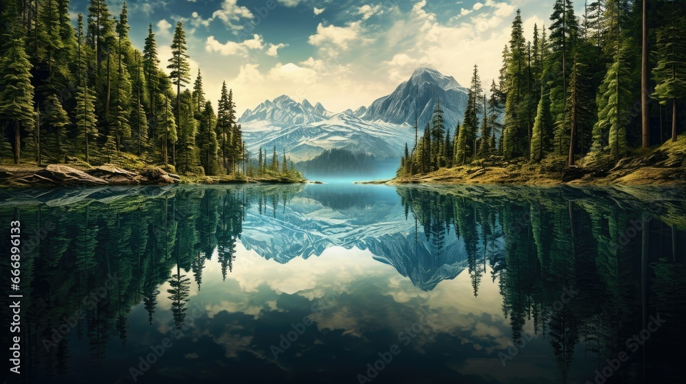  a painting of a mountain lake surrounded by trees and clouds.  generative ai