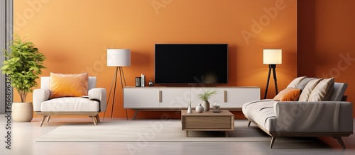 Orange vintage bedroom suite in hotel with TV rendered in © Lasvu