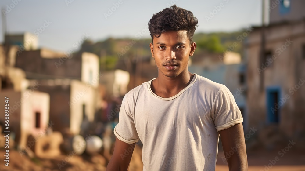 Young Indian man with football ball, blurred small village background Young Indian man with football ball, blurred small village background