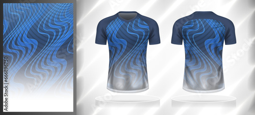 Vector sport pattern design template for V-neck T-shirt front and back with short sleeve view mockup. Shades of blue-grey-white color gradient abstract curly line texture background illustration.