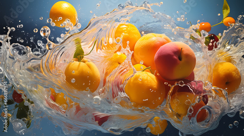 A fascinating swirl of fresh fruits like peaches, plums, and lemons caught in a gentle whirlwind, with a spray of cool, sparkling water droplets embracing them, encapsulating a surreal essence of fres