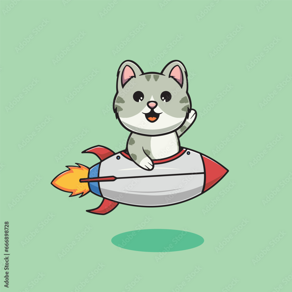 Cute cat riding rocket cartoon illustration