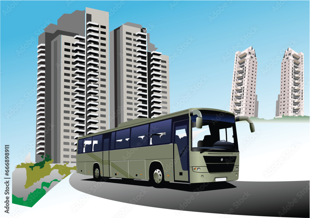 Dormitory and bus. Vector illustration