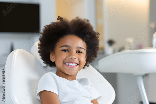 happy black child sitting in dentist's chair photo