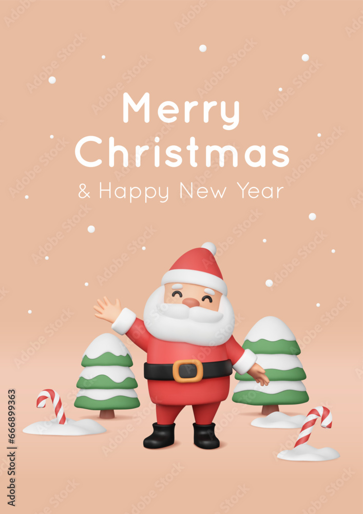 3D Santa Claus waving his hand, plump and cute Christmas character. Tree and candy cane render, snow. Vector New Year minimal illustration in cartoon plastic style. Greeting card, banner. 3D Santa Claus waving his hand, plump and cute Christmas character. Tree and candy cane render, snow. Vector New Year minimal illustration in cartoon plastic style. Greeting card, banner.