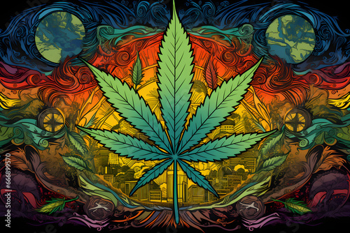 Graphic representation of legal, medicinal marijuana in 1970s psychedelic style