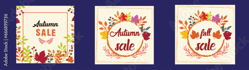 Autumn or Fall sale banner, background set with colorful leaves. Autumn discount, Hello Fall social media poster design templates with foliage frame.