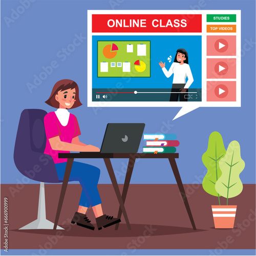 Woman connecting with her computer at home and following online class, distance learning concept