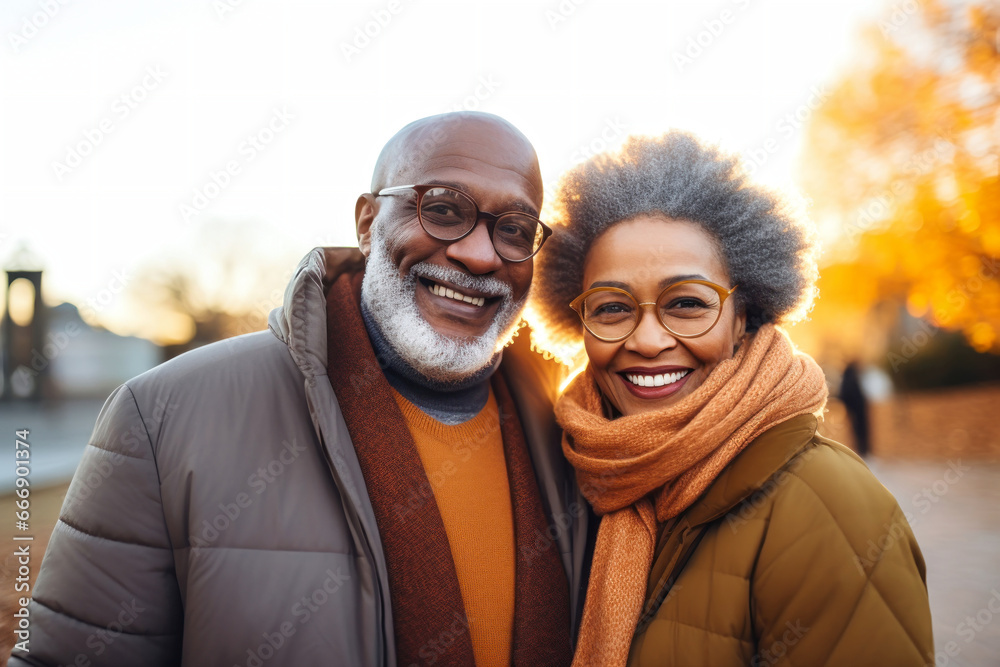 An elderly dark-skinned couple, a man and a woman, hugging in an autumn park. They look at each other with a loving gaze. Seniors dating. Relationships in old age. Love and romance.