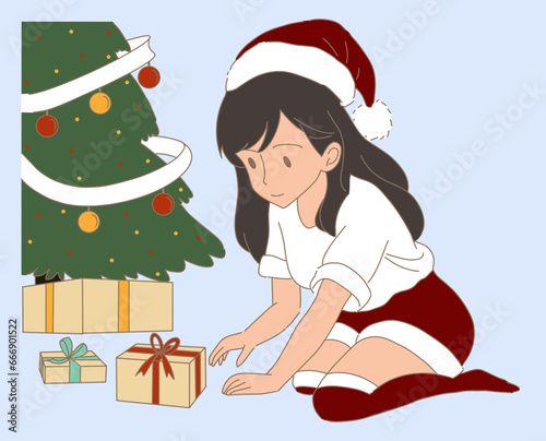 Cheerful girl wearing Santa hat, white t-shirt, red shorts and socks, choosing a gift, opening a present, sitting near decorated Christmas tree. Hand drawn flat cartoon character vector illustration.