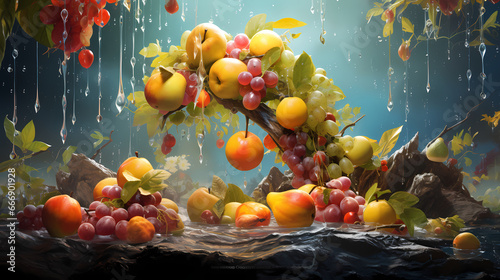 A hypnotic whirl of fresh fruits like mangoes  berries  and melons caught in a whimsical whirlwind of icy mist  with a shower of cool  refreshing droplets surrounding them  portraying a surreal moment