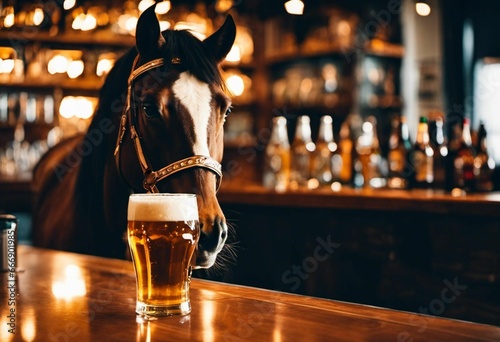 AI generated illustration of a horse standing behind a bar counter, drinking a beer from a stein photo