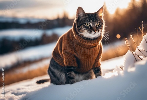 AI generated illustration of a domestic cat wearing a knitted sweater atop a pile of fresh snow photo