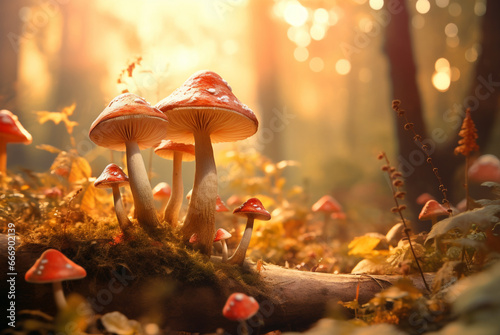 Little fresh mushrooms, growing in autumn forest