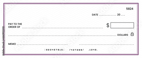 Blank bank check, checkbook cheque template or money payment paper voucher, vector mockup. Business or personal account cash pay cheque certificate or paycheck coupon from checkbook