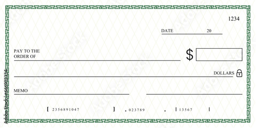 Blank bank check, checkbook cheque template or money payment paper voucher, vector mockup. Business or personal account cash pay cheque certificate or paycheck coupon from checkbook