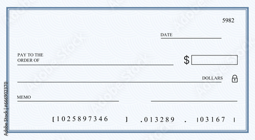 Blank bank check, checkbook cheque template or money payment paper voucher, vector mockup. Business or personal account cash pay cheque certificate or paycheck coupon from checkbook