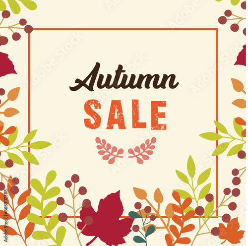 Autumn or Fall sale banner, background set with colorful leaves. Autumn discount, Hello Fall social media poster design templates with foliage frame.