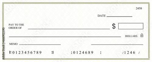 Blank bank check, checkbook cheque template or money payment paper voucher, vector mockup. Business or personal account cash pay cheque certificate or paycheck coupon from checkbook