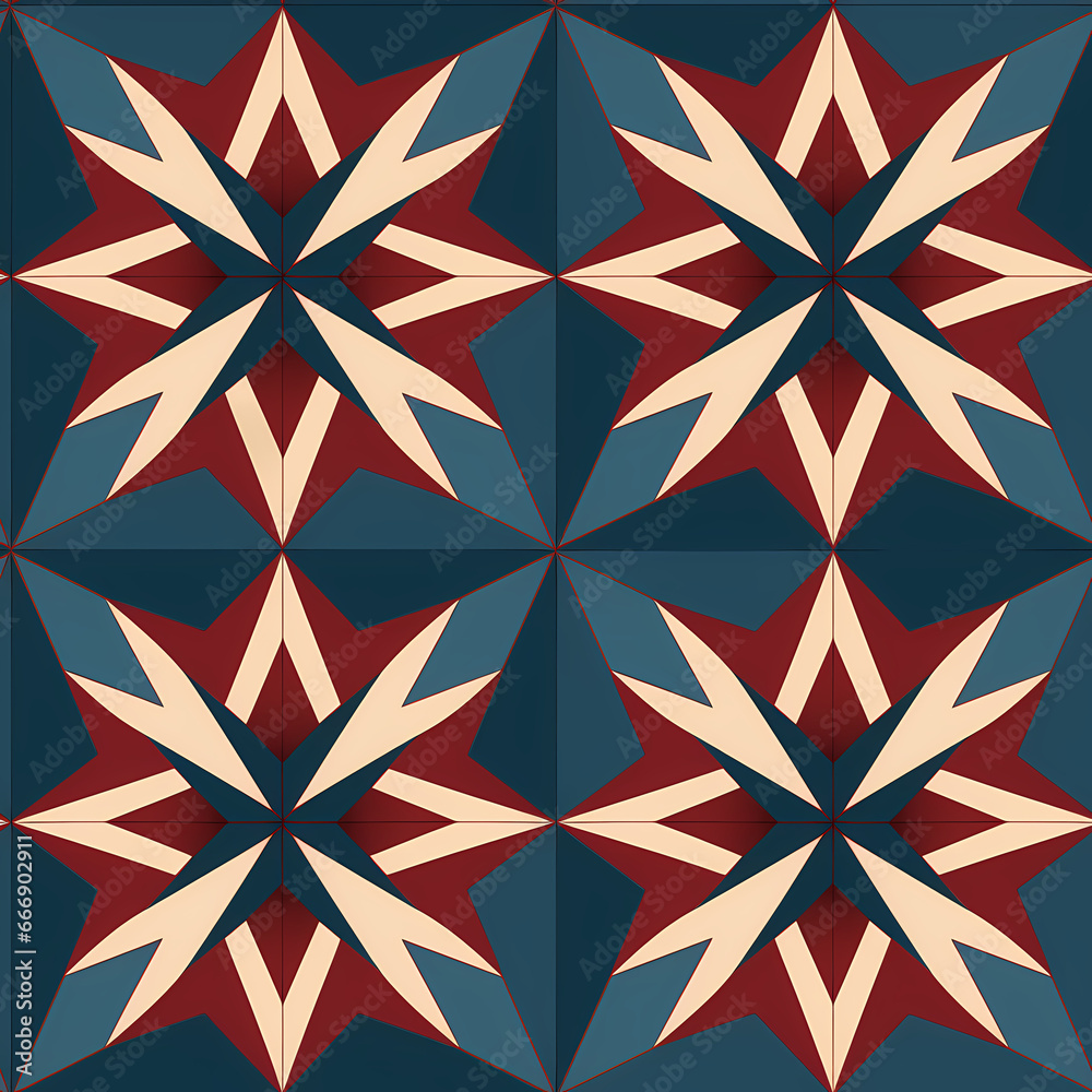 modern art deco angular star seamless tile pattern in red and blue