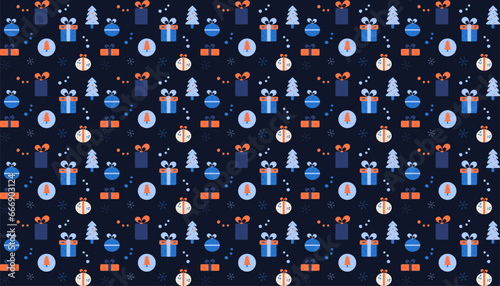 Seamless pattern with christmas balls, trees and gifts. Design for fabric, textile, wrapping, apparel, wallpaper. Vector illustration.