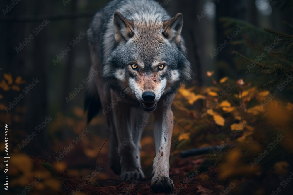 Large grey wolf looking after rivals and danger in the forest, aesthetic look Large grey wolf looking after rivals and danger in the forest, aesthetic look