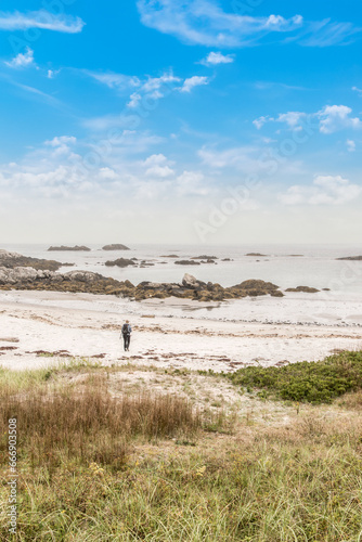 Exploring the beach in the mist morning at Kejimkujik National Park Seaside  Nova Scotia  Canada