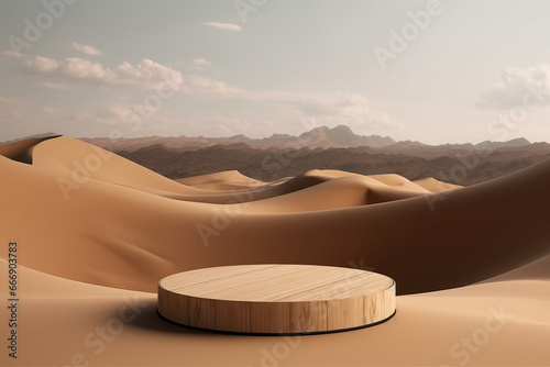 Product presentation with a wooden podium in the middle of a desert of dunes. 3d rendering. Predominant earth and sand colors. 3d rendering.