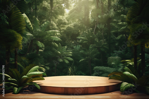 Product presentation with a wooden podium in the middle of a lush tropical forest  enhanced by a vibrant green background.3d rendering.