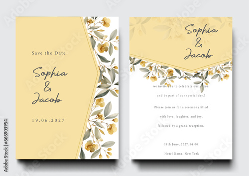 Corner of yellow freesia flower arrangement on wedding invitation background.
