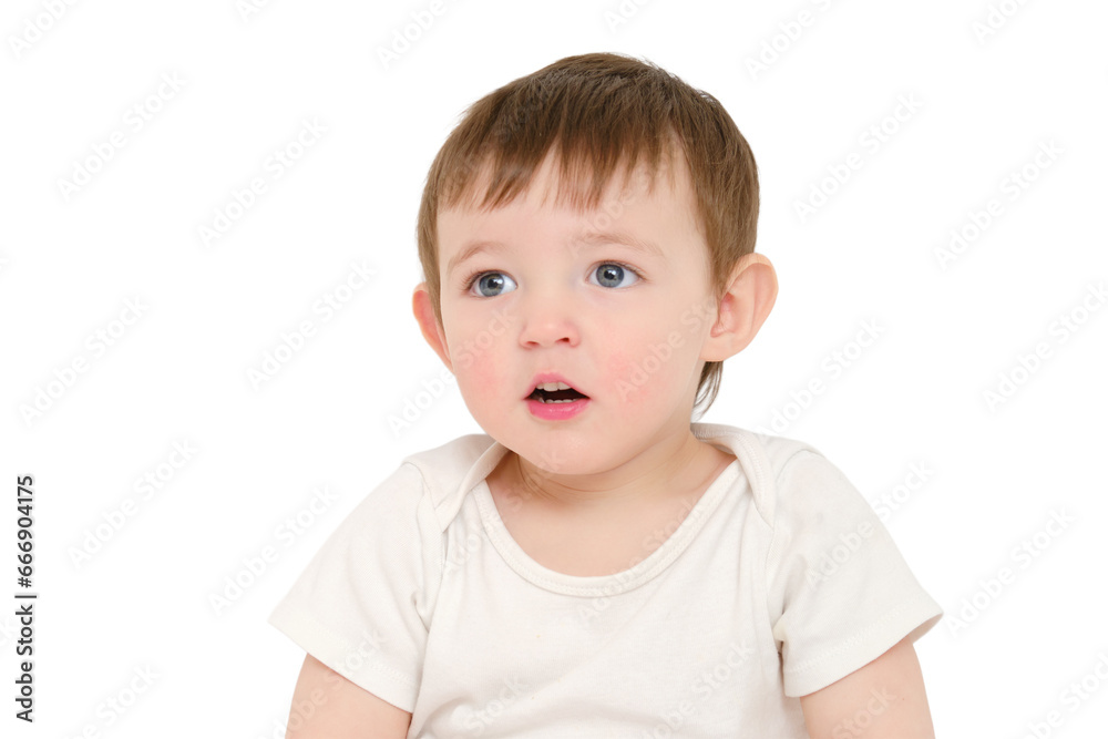 Surprised baby looks up with open mouth, studio, isolated on white background. Amazed child with an emotion of surprise on his face. Kid about two years old (one year nine months) Surprised baby looks up with open mouth, studio, isolated on white background. Amazed child with an emotion of surprise on his face. Kid about two years old (one year nine months)