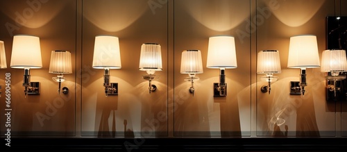 Glass chandeliers illuminating a wall mounted lamp with a fabric shade