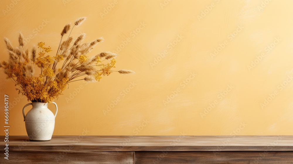 Wooden table with white vase with bouquet of dried wildflowers with empty and white mustard color wall. Home interior background with space for text