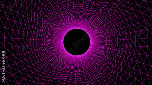 Fototapeta Naklejka Na Ścianę i Meble -  Purple wireframe tunnel, Abstract wireframe funnel. Abstract dynamic wormhole tunnel on black background. Deep wavy wormhole. 3d rendering