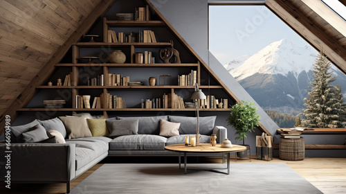 Scandinavian home interior design of a modern living room in a attic of a mountain villa in the Alps.