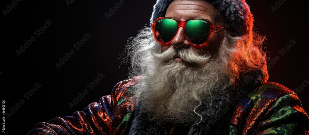 Festive event with Santa Claus wearing sunglasses under vibrant neon lights on a dark backdrop