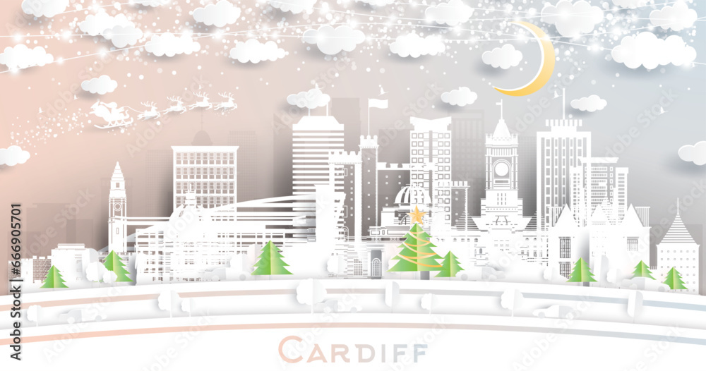 Fototapeta premium Cardiff Wales. Winter City Skyline in Paper Cut Style with Snowflakes, Moon and Neon Garland. Christmas, New Year Concept. Cardiff Cityscape with Landmarks.