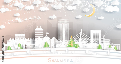 Swansea Wales. Winter City Skyline in Paper Cut Style with Snowflakes, Moon and Neon Garland. Christmas, New Year Concept. Swansea UK Cityscape with Landmarks.