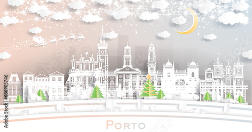 Porto Portugal. Winter City Skyline in Paper Cut Style with Snowflakes, Moon and Neon Garland. Christmas, New Year Concept. Porto Cityscape with Landmarks.