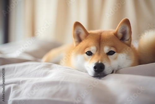 Japanese Shiba Inu dog on the bed at home, aesthetic look
