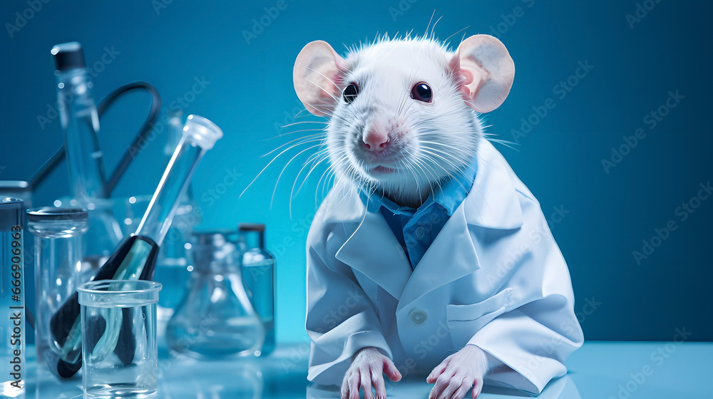 A rat with lab coat in the research laboratory