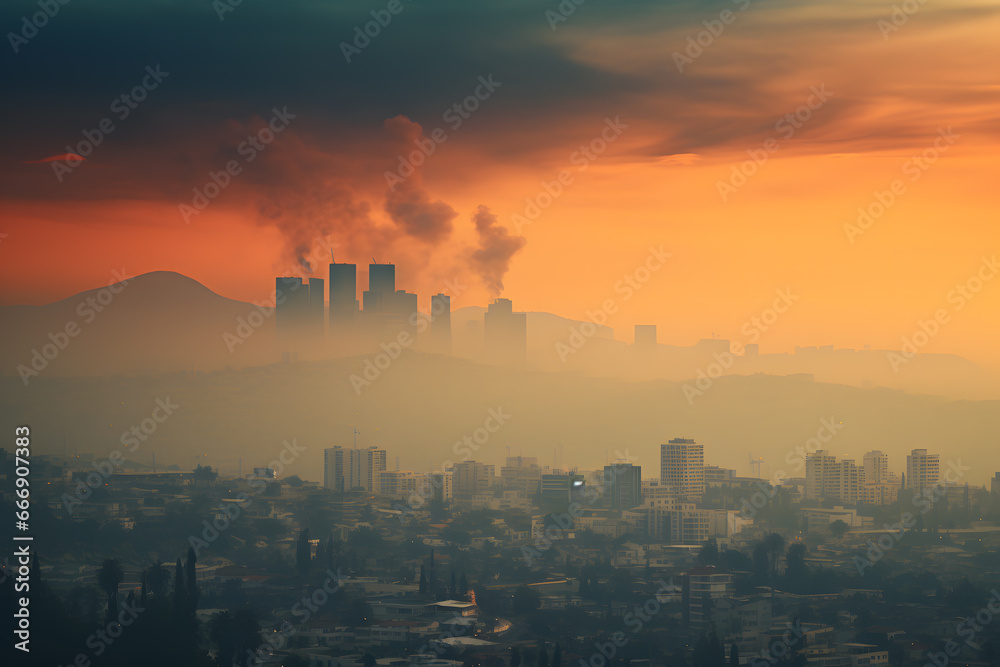 Fototapeta premium Environmental Impact, Urban Air Pollution in Landscape